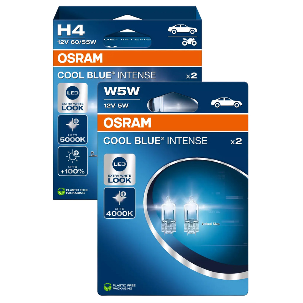 Kit Lâmpadas Osram Cool Blue Intense 12v:  Um Par de Lâmpadas H4 5000k 55/60w + Um Par de Lâmpadas W5W T10 4000K