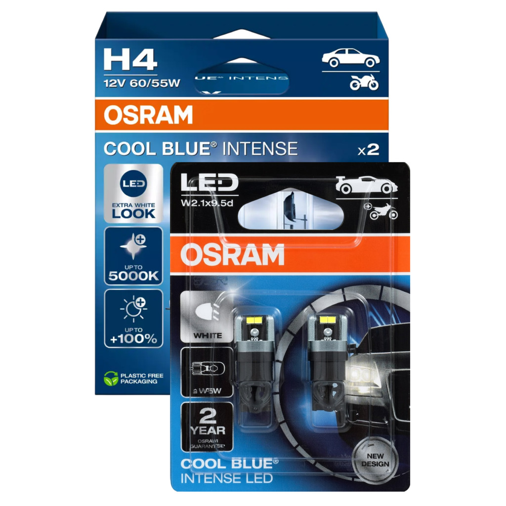 KIT Lâmpadas Osram: Par Cool Blue Intense H4 5000k 12v 60/55w + Par Pingo Led T10 W5w Super Branca 6000k 12v