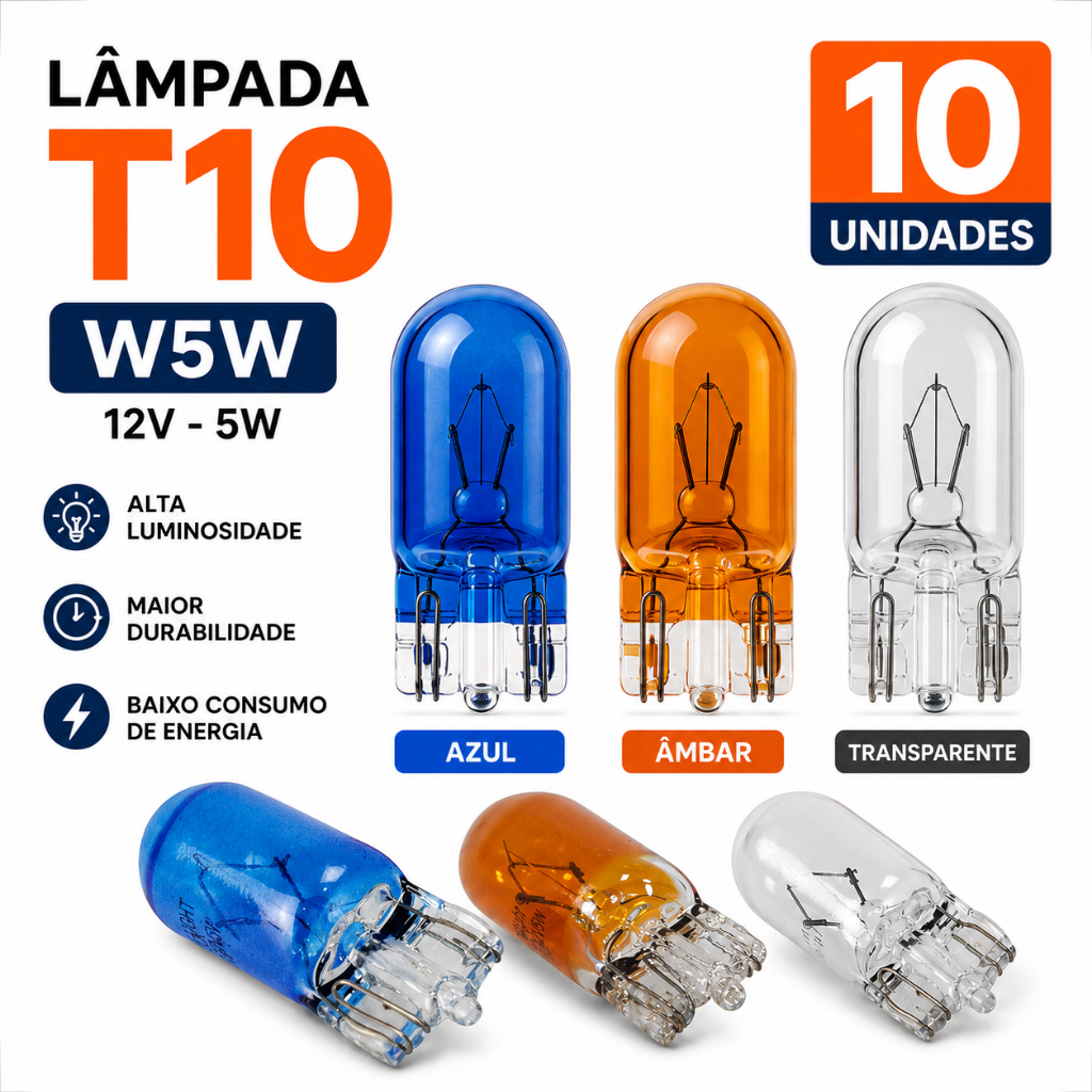 Caixa Com 10 Lampadas T10 Halogena Super Branca W5W 12v 5W Lâmpada Pingo