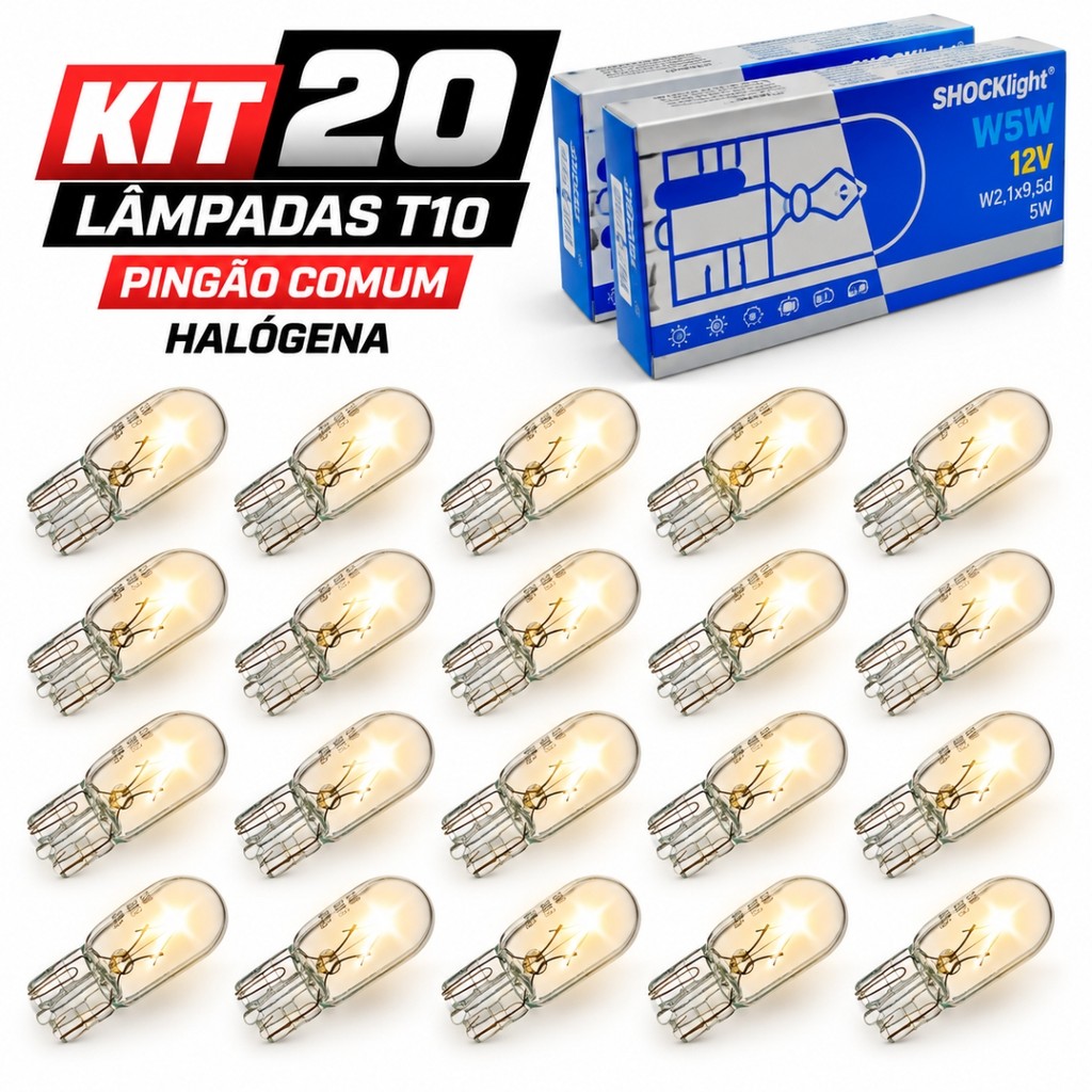 KIT ATACADO 20 LÂMPADAS HALÓGENAS PINGO ESMAGADA T10 W5W 12V PARA FAROLETE MEIA LUZ PLACA E TETO