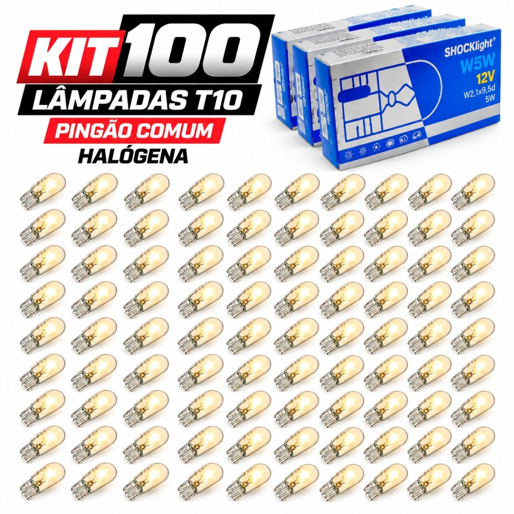 KIT ATACADO 100 LÂMPADAS HALÓGENAS PINGO ESMAGADA T10 W5W 12V MEIA LUZ PLACA E TETO AUTO PEÇAS