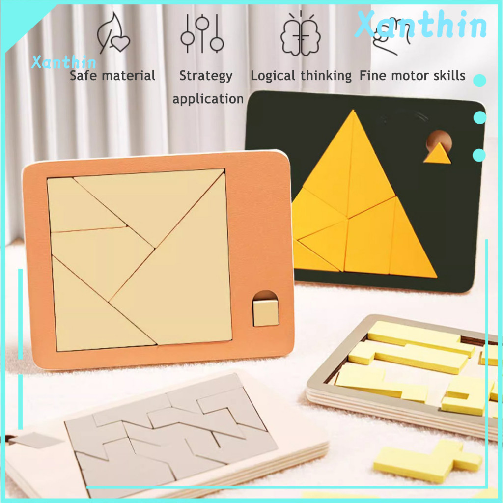 Educational Puzzle Toy Wooden 5pcs Block Set Disappearing Triangle Rectangle Rhombus Parallelogram Brain Teaser for Todd
