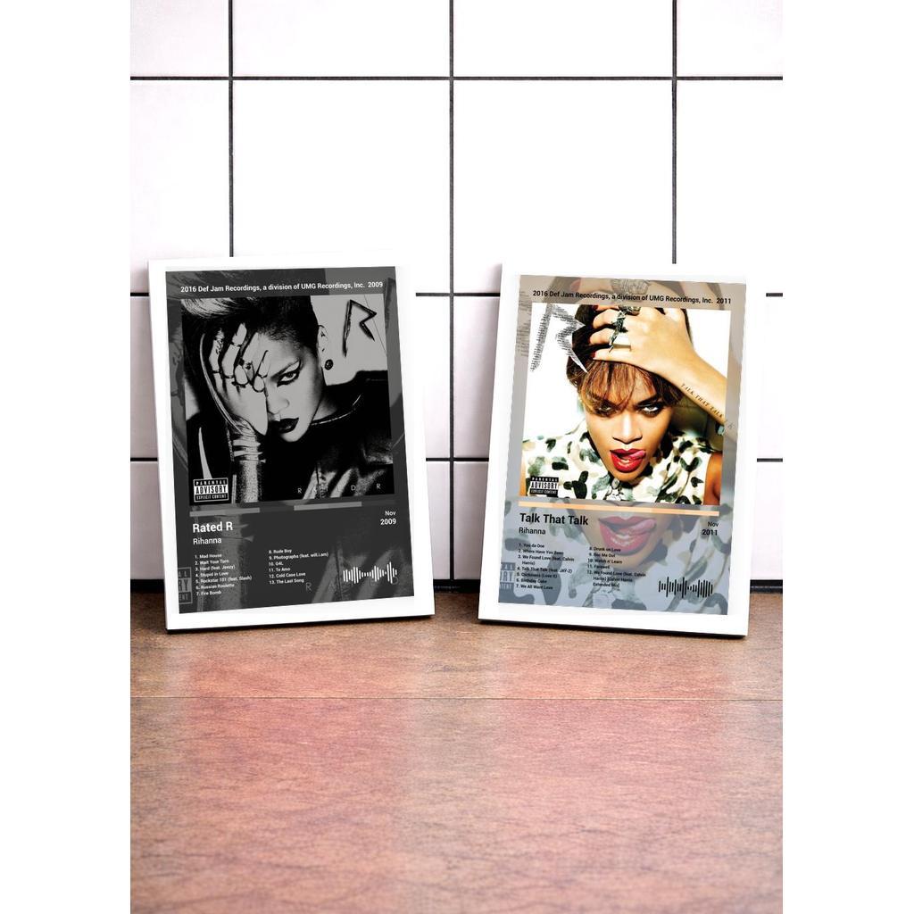 2 Quadros Rihanna Rate+Talk C/ Vidro, Moldura Branca