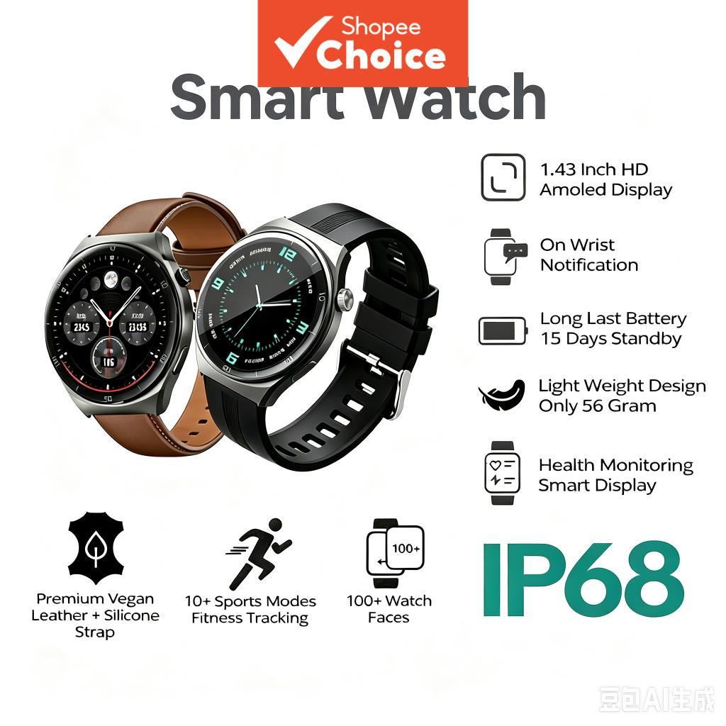 Relógio Inteligente Masculino: Smartwatch Man 1.43 HD AMOLED IP68 Business Heart Rate SpO2 15 Dias em Espera Pulseiras