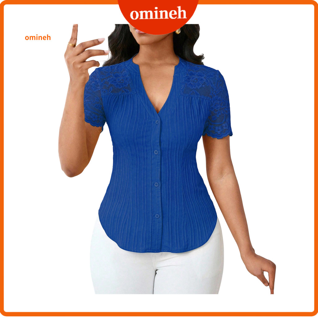 Solid Color Blouse Women Tops V-neck Short Sleeve Lace Hollow Out Slim Fit Casual Top for Work Party Vacation Daily Wear
