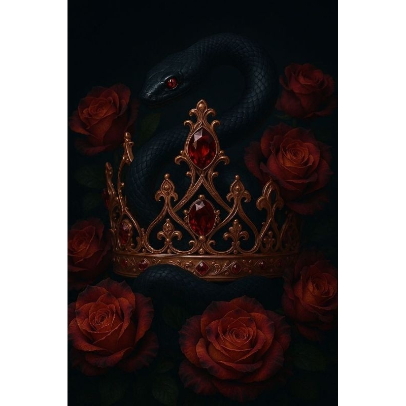 QUADRO DECORATIVO PLACA MDF- COROA COM A COBRA E ROSAS VERMELHAS