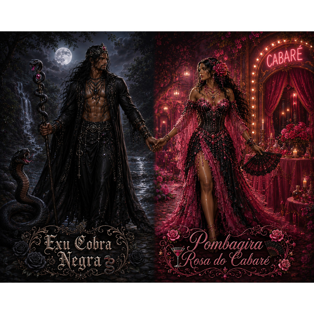 EXU COBRA NEGRA E POMBAGIRA ROSA DO CABARÉ PLACA DECORATIVA MDF
