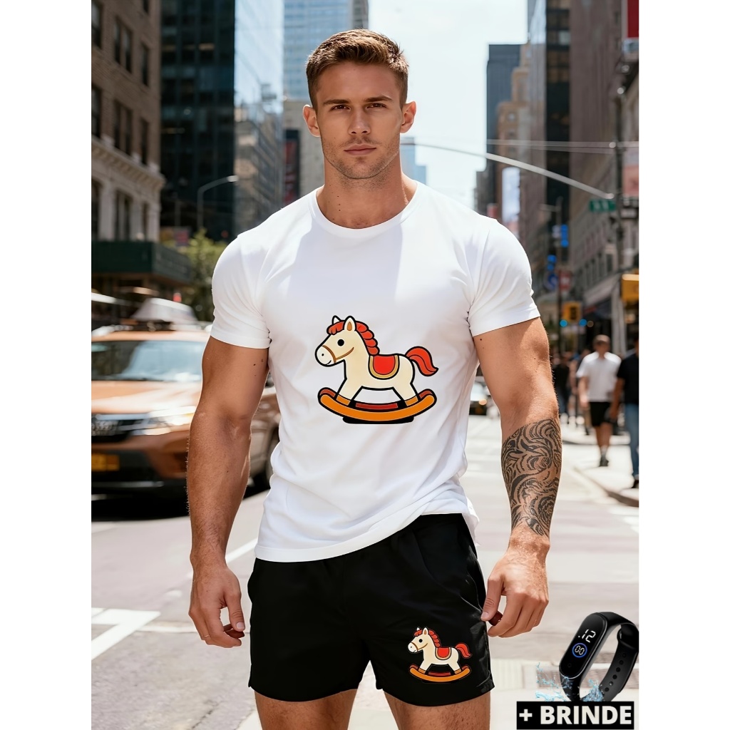 Conjunto masculino camiseta algodão 100% + short tactel básico Rocking Horse urbano streetwear verão + brinde relógio