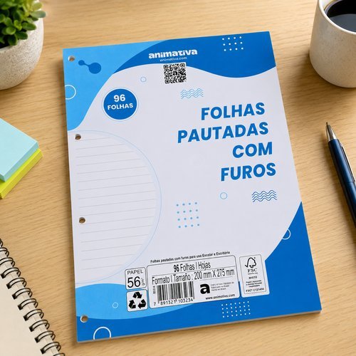Folha pautada fichário 96 folhas furos papel branco 200x275mm ANIMATIVA