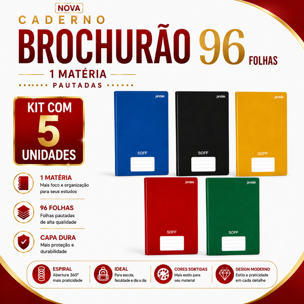 Kit 5 Caderno Brochura Pautado Grande  96 Folhas Capa Dura 200mm x 275mm