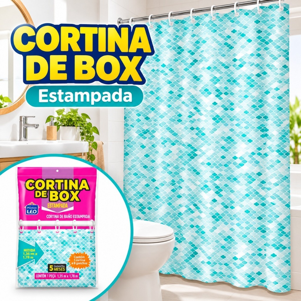 Cortina para Box PE Estampada 1,35 x 1,78m Para Banheiro Prática Decorativa e Proteção contra Água