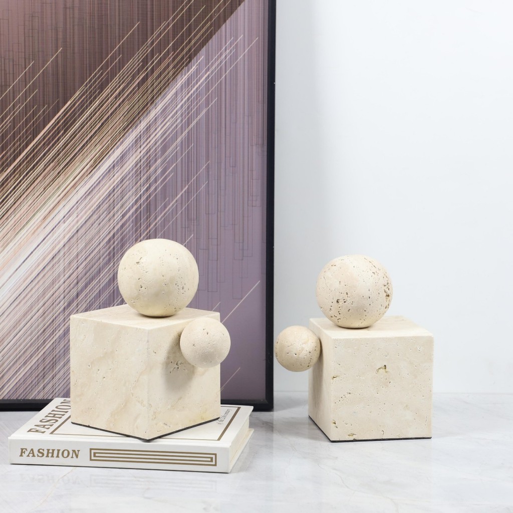 AEWO Minimalist Wabi-Sabi style natural yellow cave stone geometric sphere bookends, decorative ornaments for bookshelve