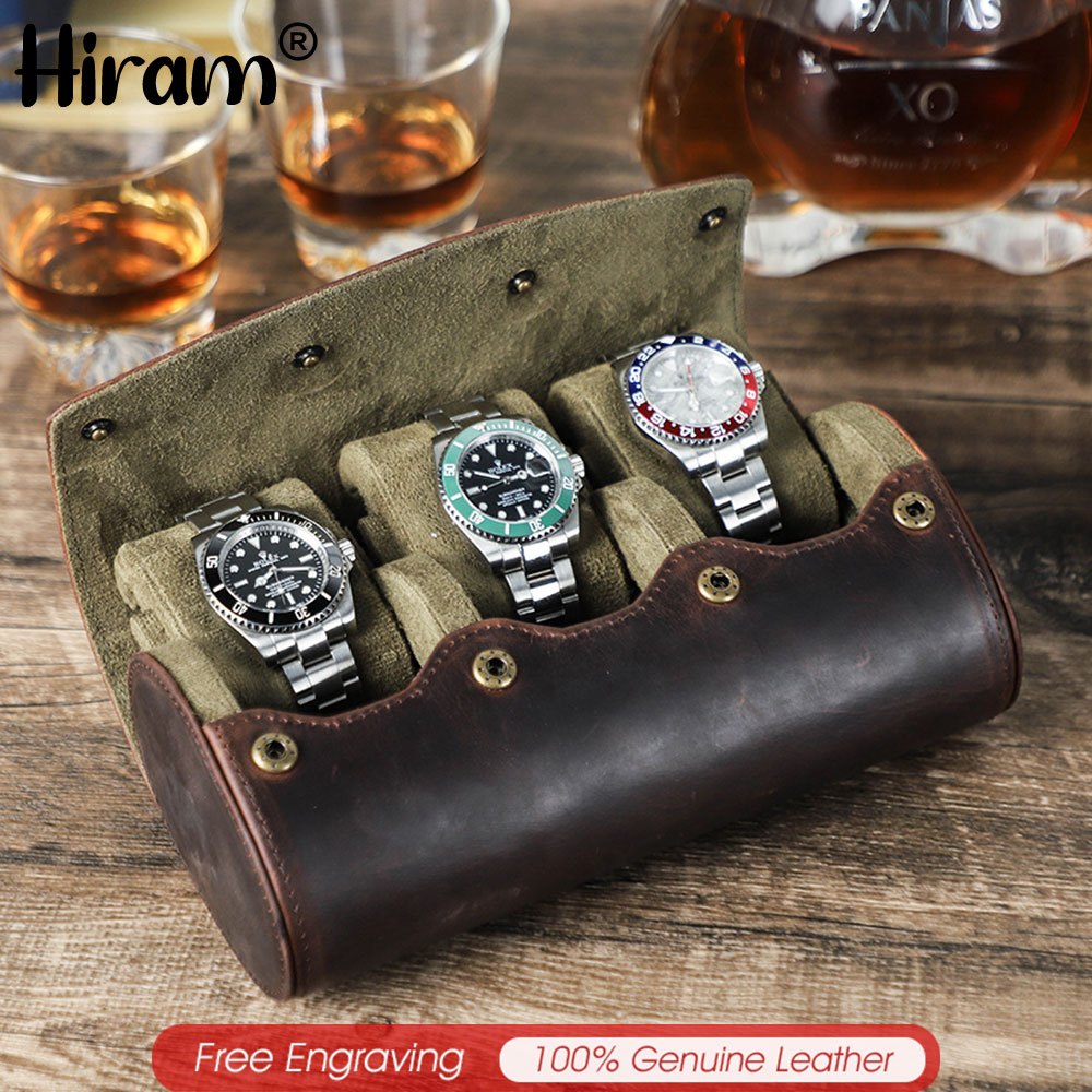 Hiram Couro Genuíno 1/2/3/4/6/8 Slots Relógio Caso Suporte Vintage Travel Watch Display Storage Caixa