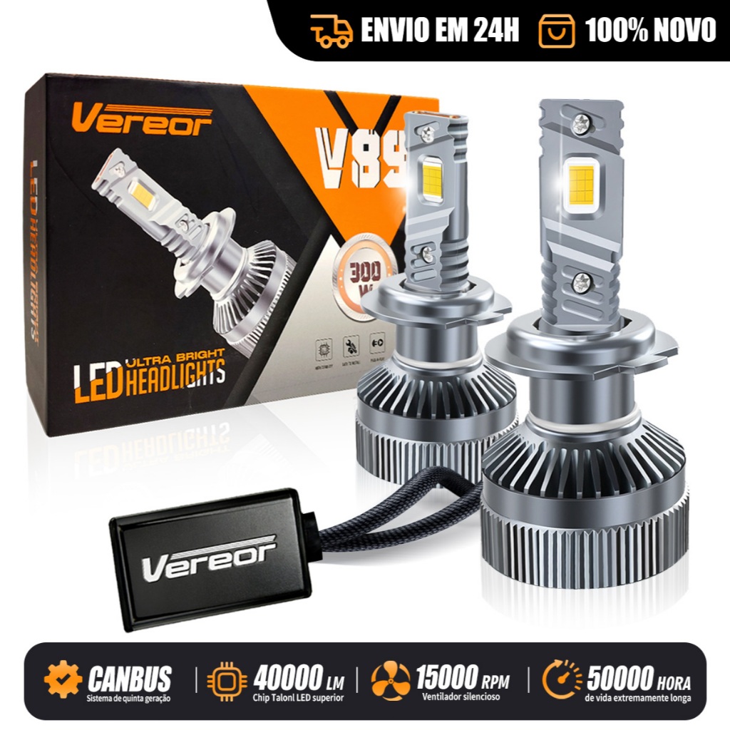 Lâmpada LED V89 300W 40000LM 6000K Kit Par para Farol H1/H3/H4/H7/H11/9005/9006 Branco Puro