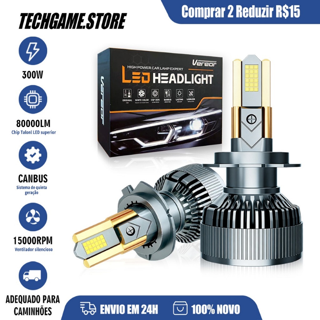Lâmpada LED M60 80000LM 300W 12V/24V Compatível H1/H3/H4/H7/H11/9005/9006 6000K Alto Brilho Luz Branca Pura Frete Grátis