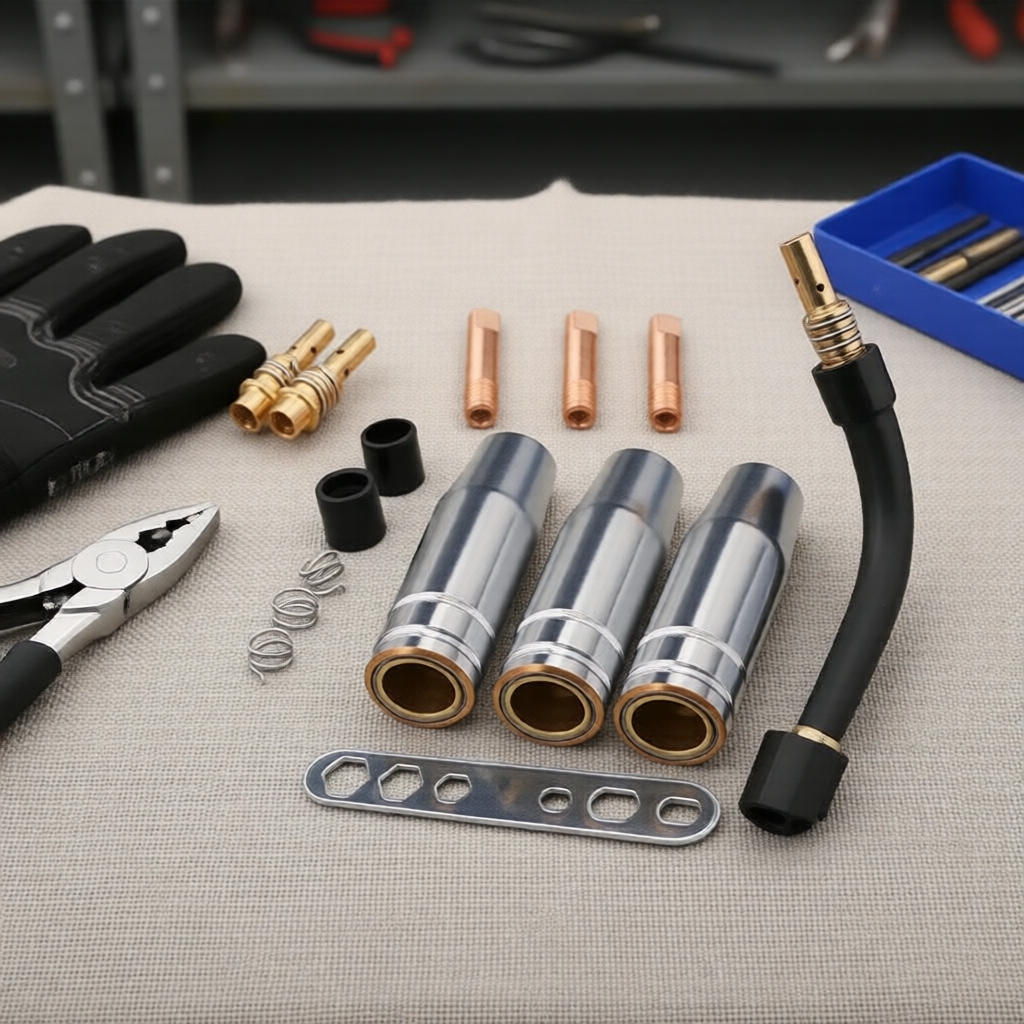 Kit MIG de Funilaria Automotiva 15 peças: Conjunto de Tocha 15AK com Bico, Pontas de Contato, Gooseneck e Mangueiras