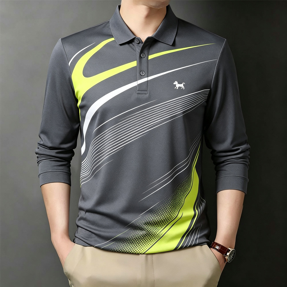 Polo Masculino De Manga Comprida Respirável Confortável Moderno Esporte Curva Streak Zodiac Badge Composto Impresso Para