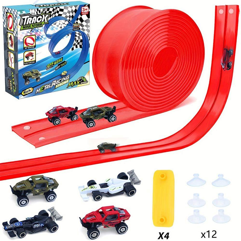 Flex Track Race Car Toy Set Bendable Soft Plastic Racing Track With Metal Cars Suction Cups For Family Game