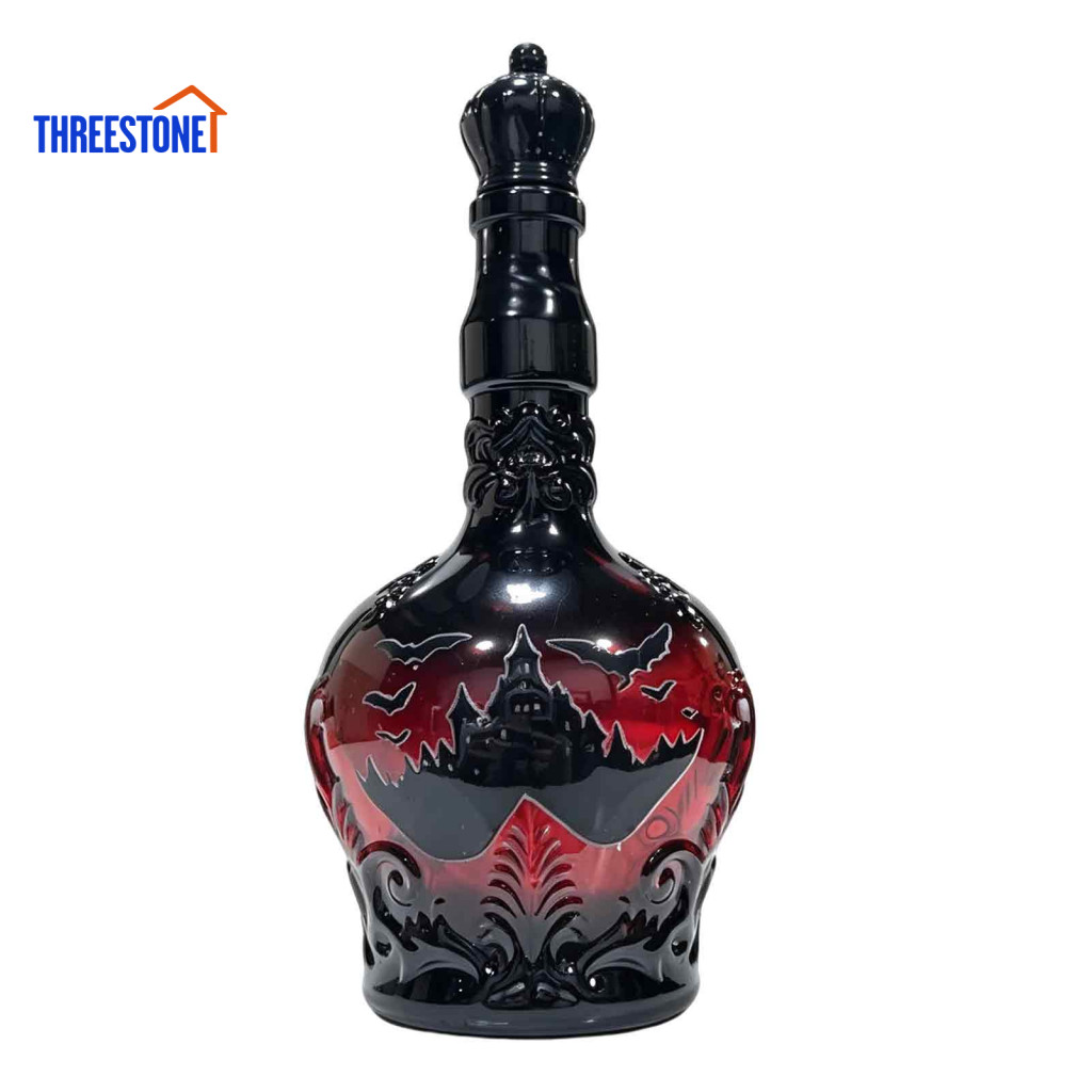 Glass Liquor Holder Halloween Theme Bottle 1200ml Bat Castle Whiskey with 320ml Vintage Wine Cup – Decorative Decanter