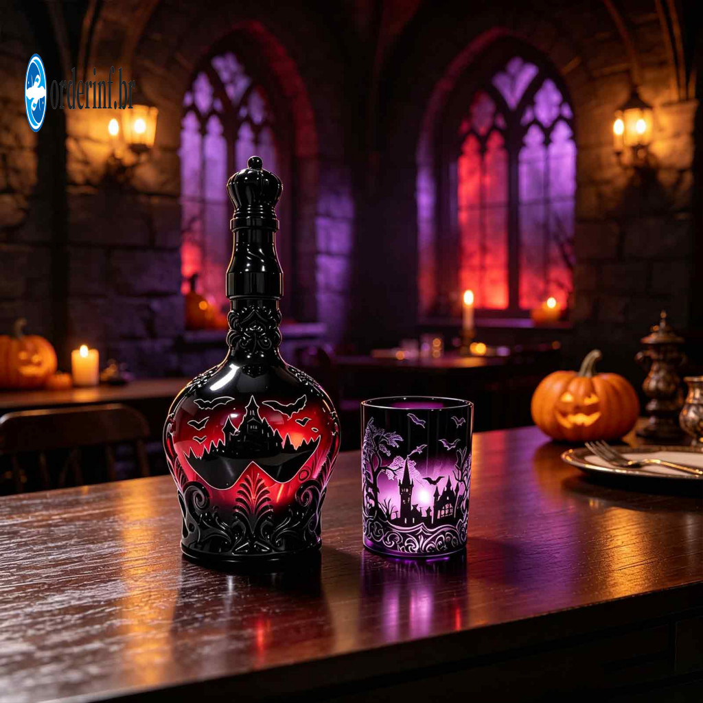 Whiskey Bottle Halloween Theme Glass 1200ml Bat Castle with 320ml Vintage Wine Cup – Decorative Liquor Decanter Flask