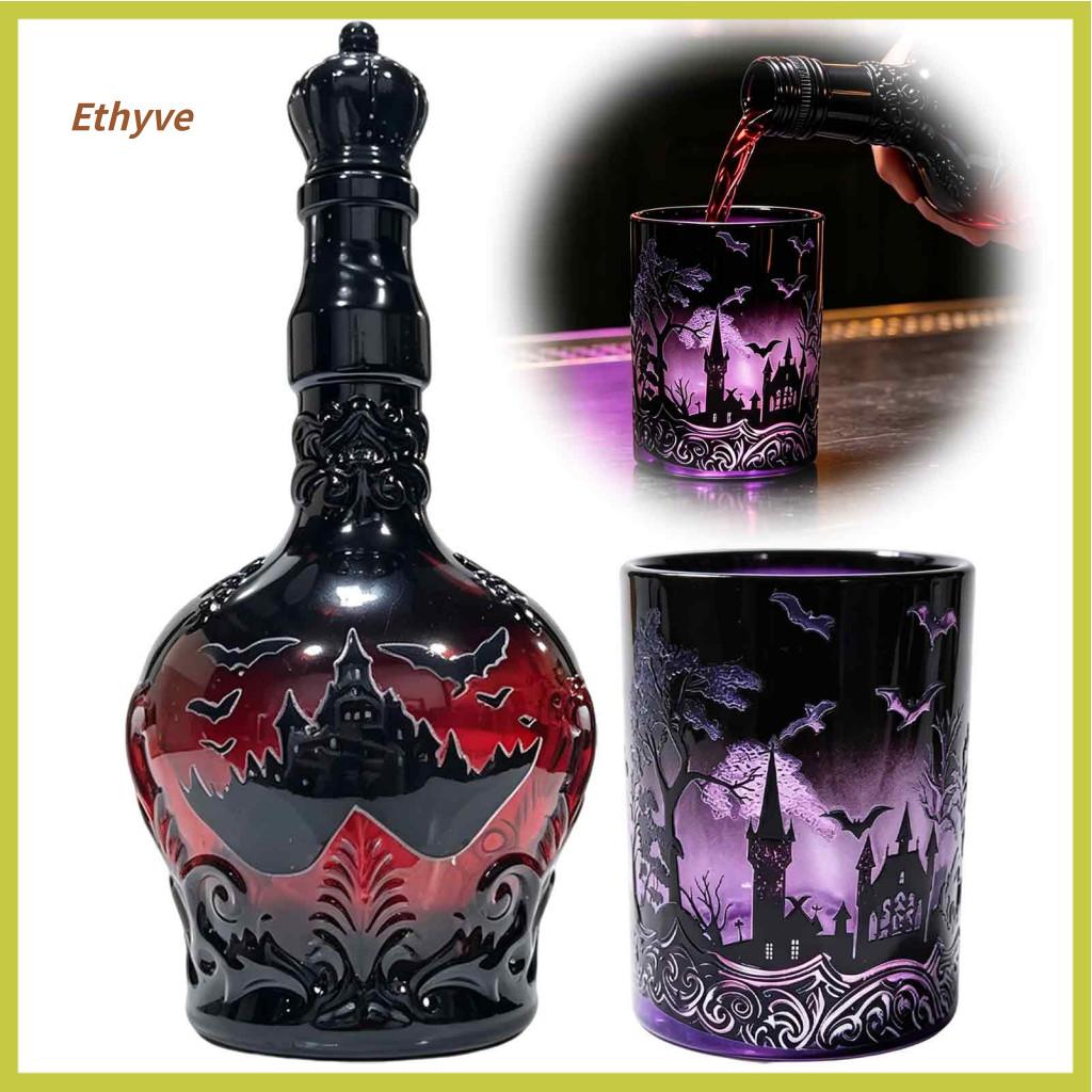 Halloween Theme Glass Bottle Vintage Liquor Decanter 1200ml Bat Castle Whiskey with 320ml Wine Cup – Decorative for Ho