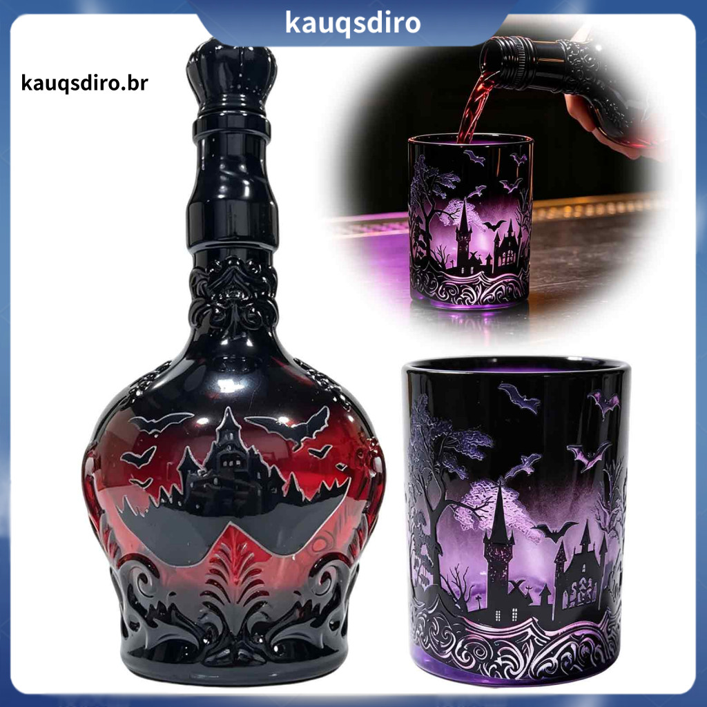 Halloween Theme Glass Bottle Carved Whiskey 1200ml Bat Castle with 320ml Vintage Wine Cup – Decorative Liquor Decanter