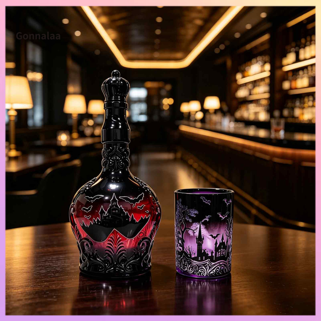 1200ml Halloween Bat Castle Whiskey Bottle with 320ml Vintage Gothic Glass Wine Cup – Decorative Liquor Decanter Flask