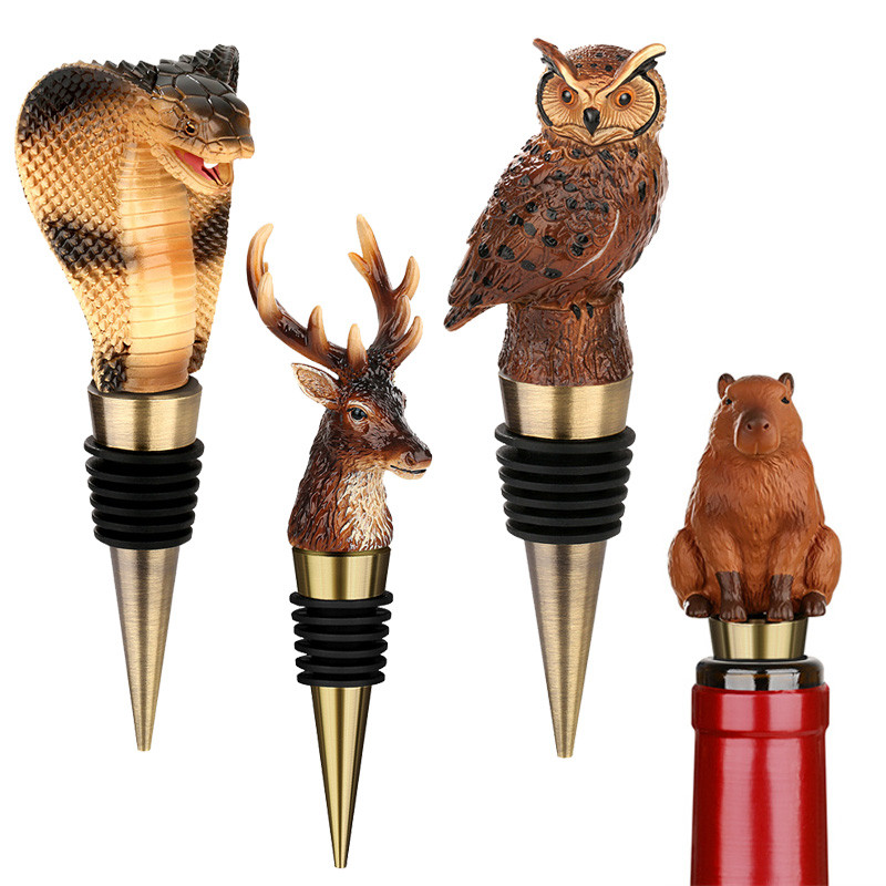 Funny Animal Shape Resin Wine Stopper Reusable Bottle Sealer Decorative Barware for Home Kitchen Wine Accessory with Bag