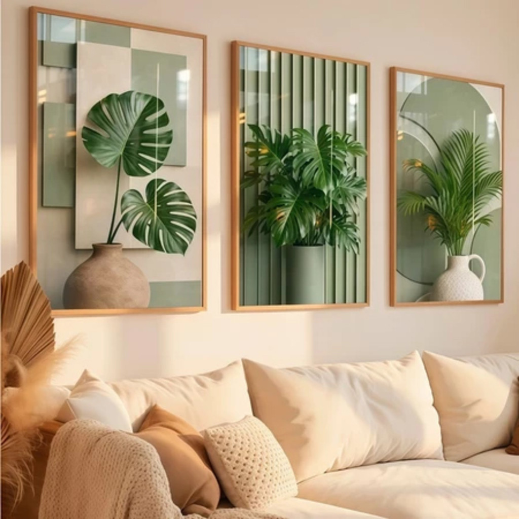 Kit of 3 Decorative Frames Kit 3 Quadros Decorativos Nórdico Plantas Verde Morandi Vaso Geométrico Sala Sofá Parede