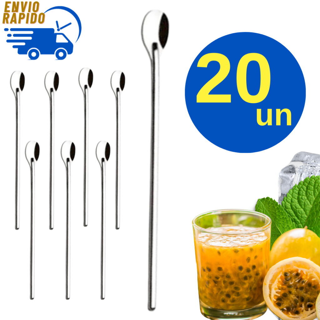 Kit 20 Colher de suco Inox 30,2 cm Misturar Bebidas Drinks Refrigerante para Casas Bares Restaurants Pizzaria Lanchonete