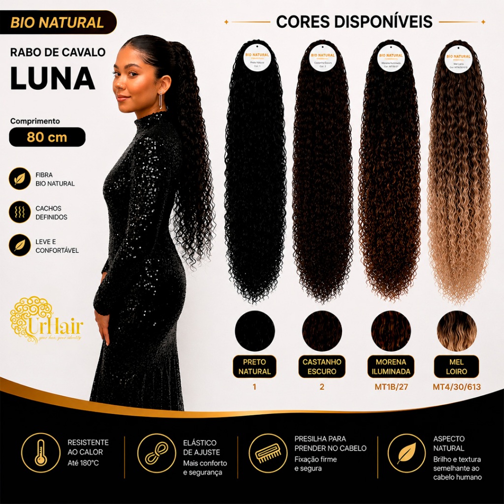 Rabo de Cavalo Cacheado 80cm UrHair Luna Fibra Bio Natural 190G Cabelo Premium