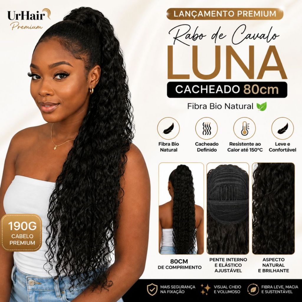Rabo de Cavalo Cacheado Luna 80cm Bio Natural | 190g Volumoso Cabelo Premium UrHair