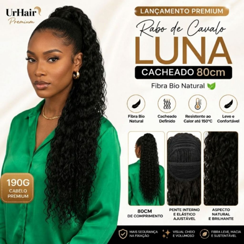 Rabo de Cavalo Cacheado 80cm 190g UrHair Luna Fibra Orgânica Bio Vegetal Premium Aspecto Natural