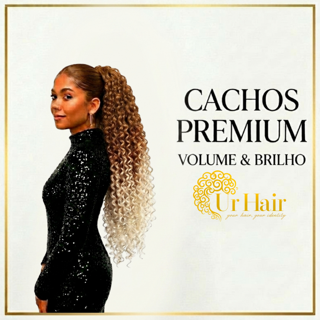 Rabo de Cavalo Cacheado Grande 80cm UrHair Luna Fibra Bio Natural 190G Cabelo Premium Raiz Castanho Com Mechas Loiro