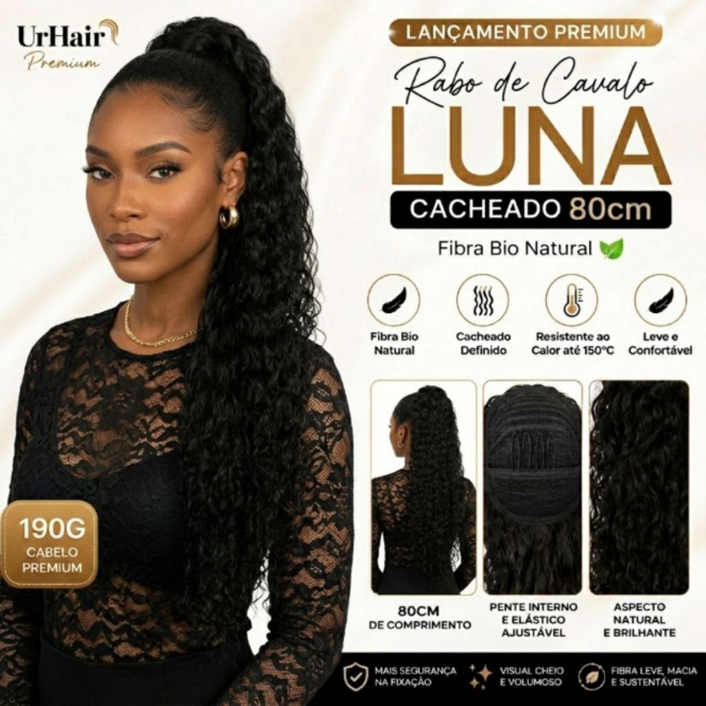 Rabo de Cavalo Cacheado Orgânico 80cm 190g UrHair Luna Volumoso Efeito Cabelo Humano