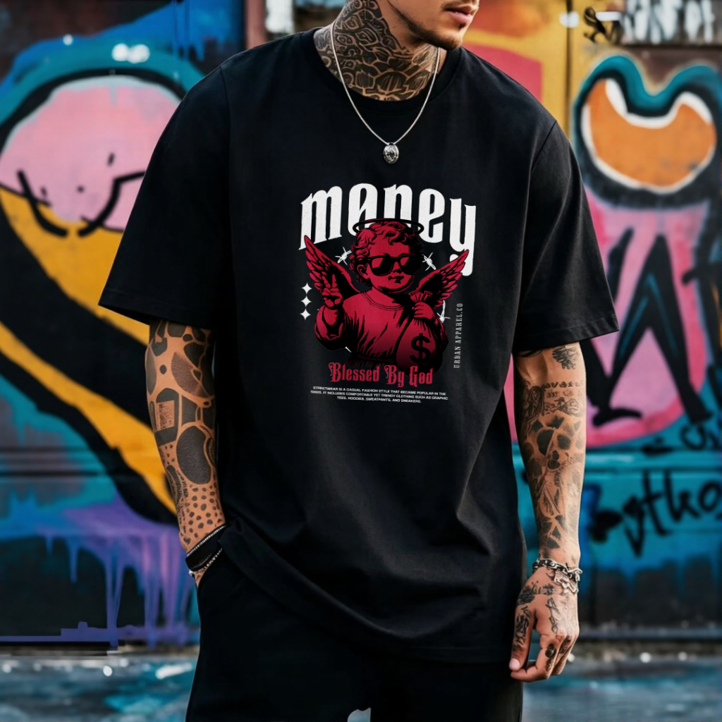 Black-and-white men's short-sleeve T-shirt featuring a “God Bless Your Money” design—100% cotton—perfect for casual summ