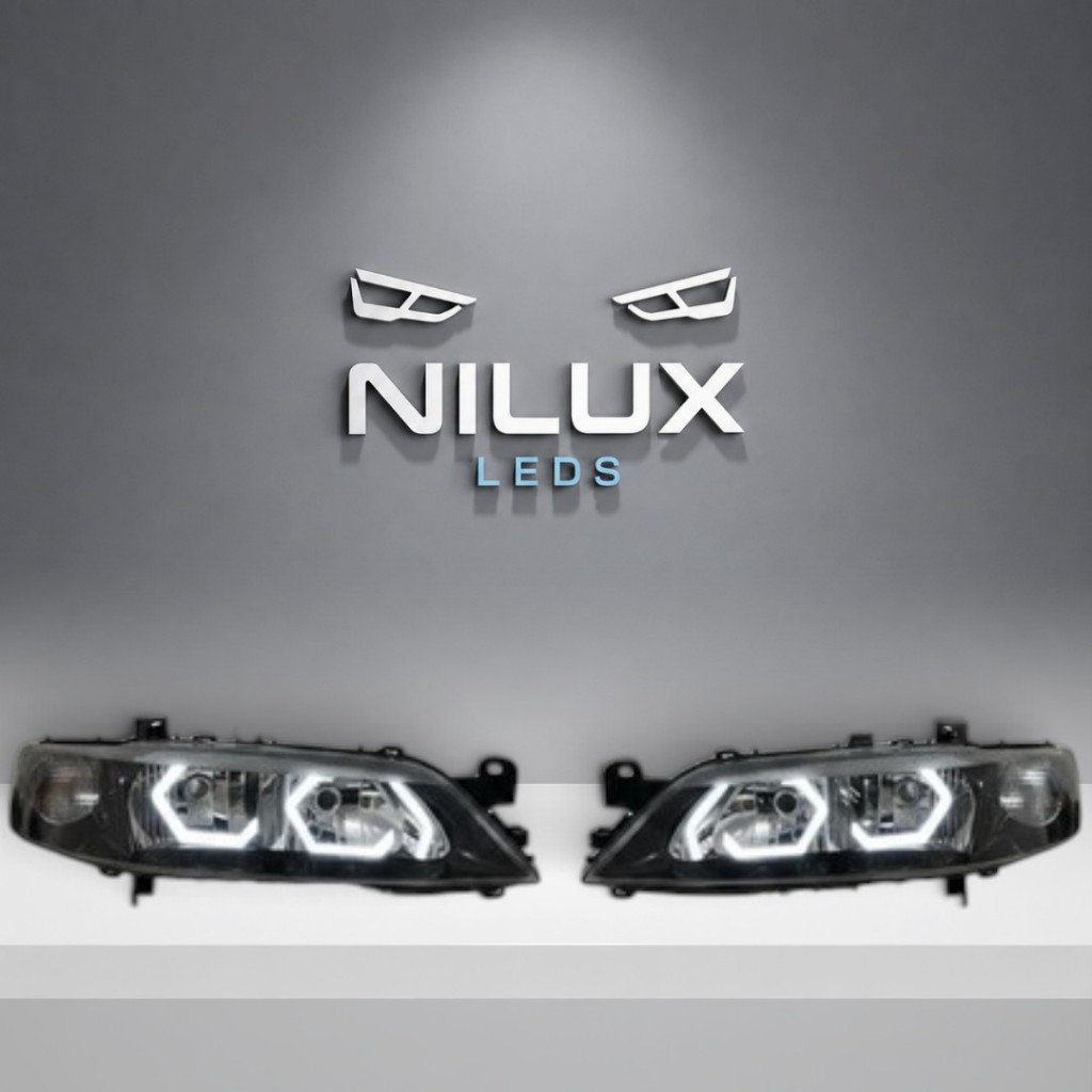 Par Farol GM Vectra 1999 a 2005 Personalizado com Angel Eyes LED DRL Máscara Negra Novo Ambos Lados