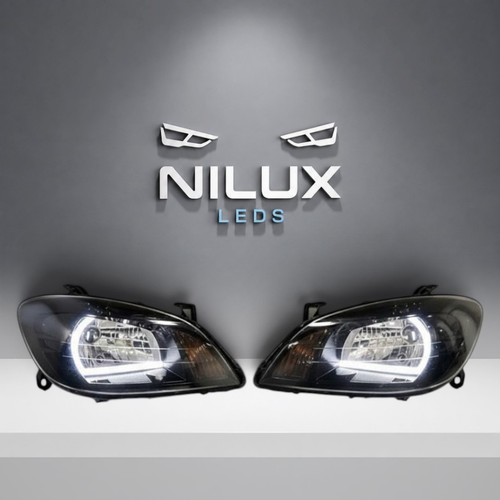 Par Faróis GM Celta Prisma Angel Eyes LED DRL Máscara Negra Novo Personalizado