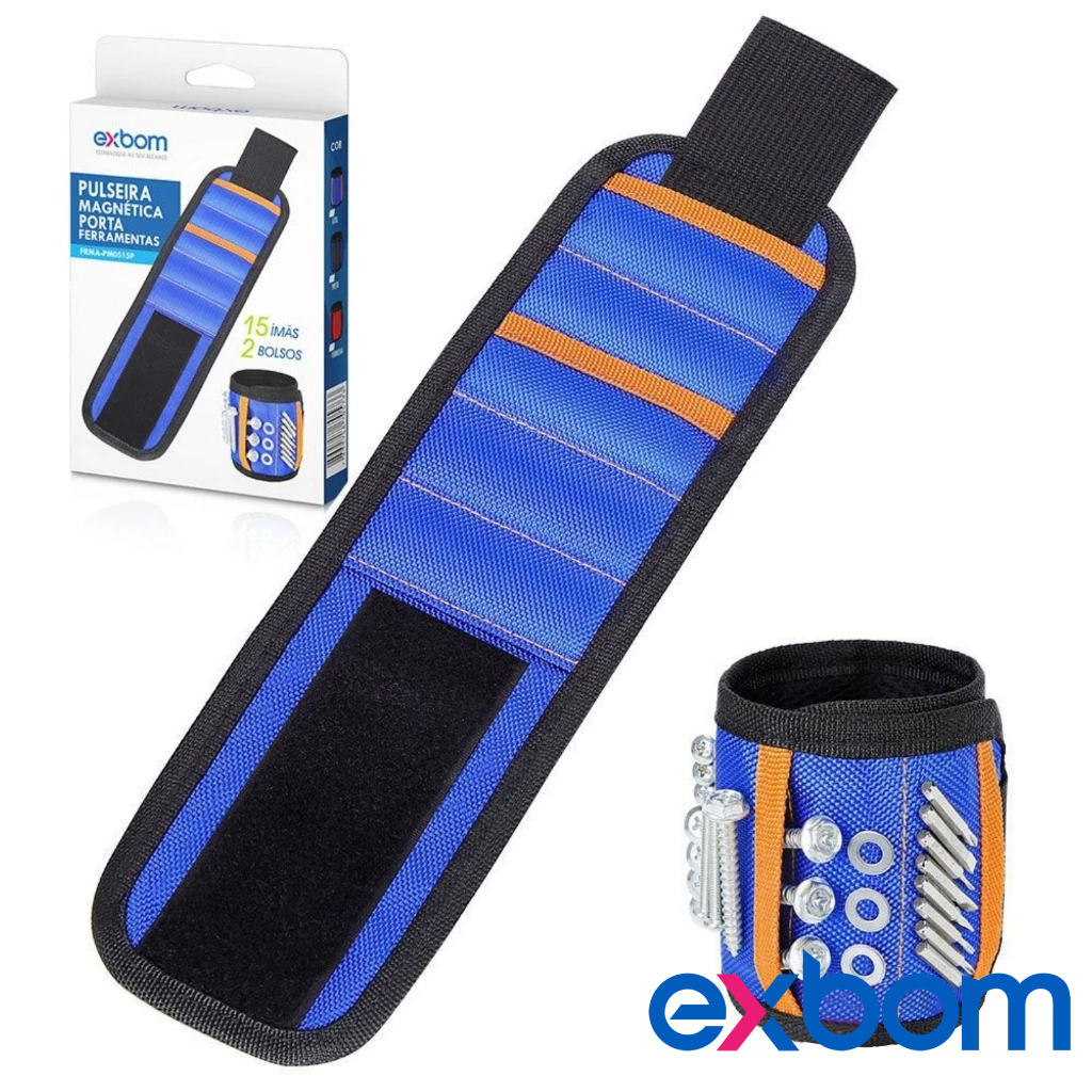 Pulseira magnética porta ferramentas 15 ímãs e 2 bolsos FRMA-PM0515P EXBOM