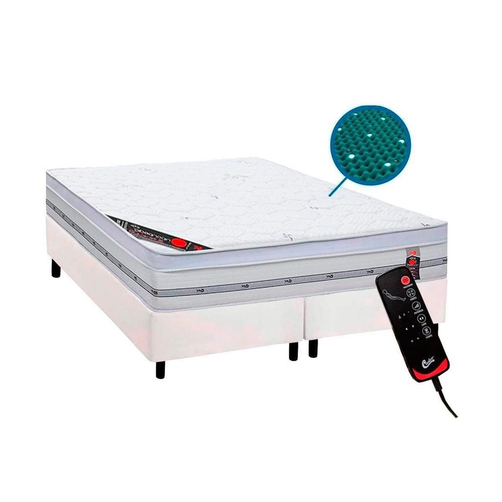 Cama Box Queen: Colchão c/Vibro Massagem Castor Pocket Gold Star Niponpedic Magnético + Base CRC Courano White(158x198)