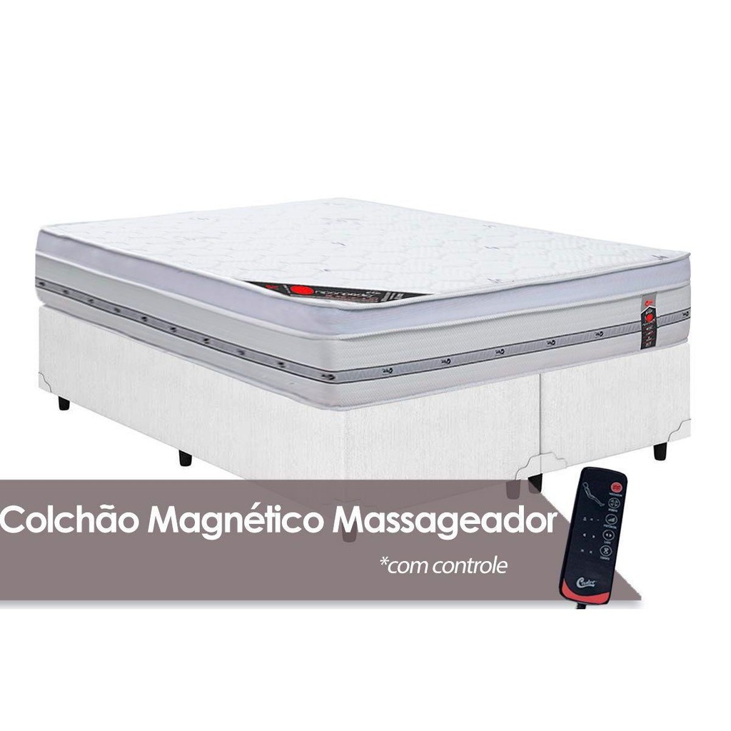 Cama Box Queen:Colchão c/Vibro Massagem Castor Pocket Gold Star Niponpedic Magnético + Base CRC Courano White(158x198)