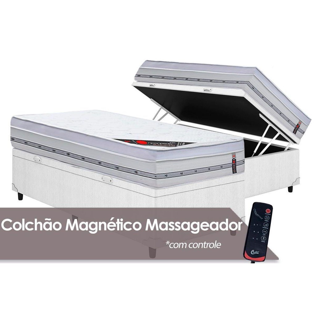 Cama Box Baú Solteiro: Colchão Magnético Castor Molas Pocket c/ Vibro Massagem Gold Star + Base CRC Courano White(88x188)