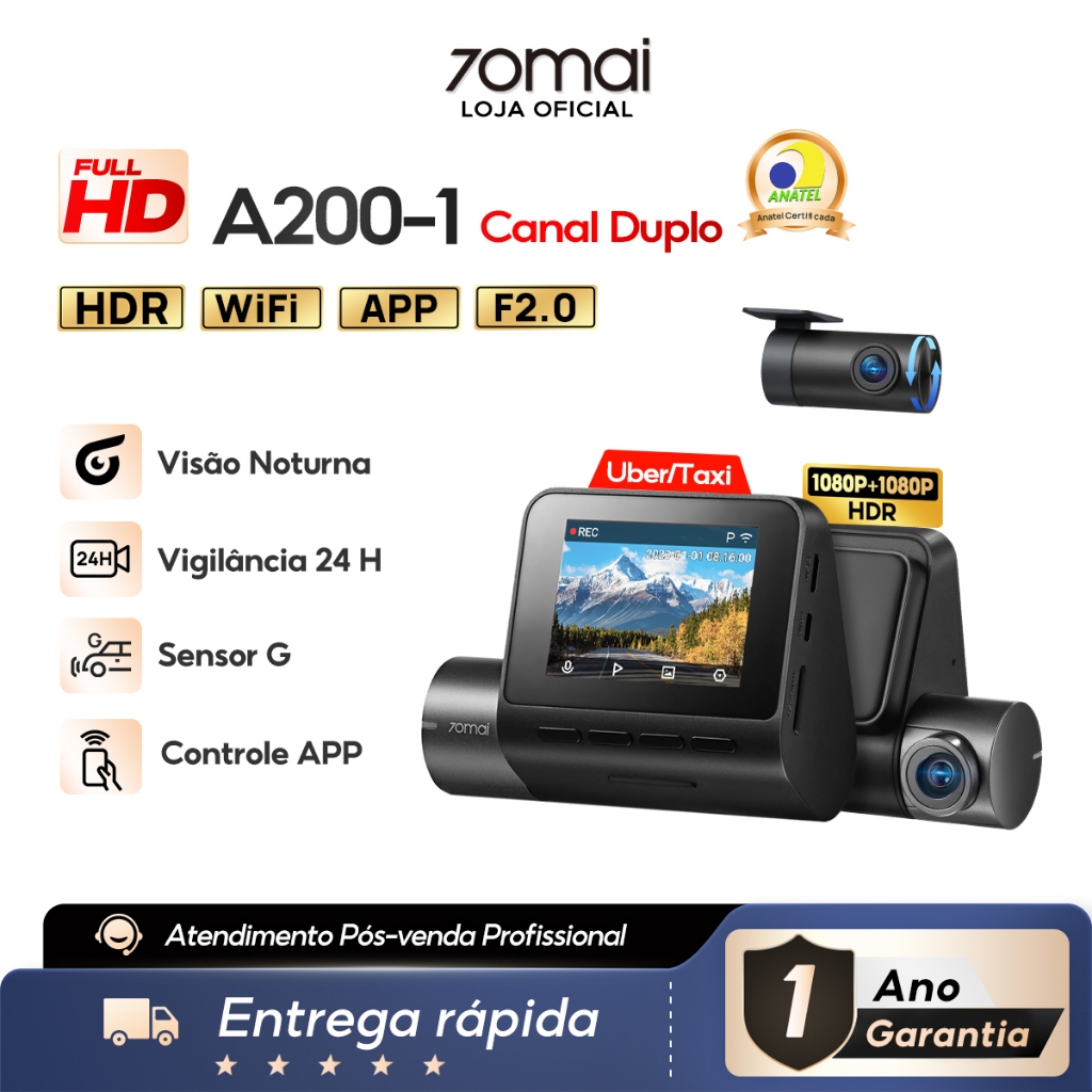 Câmera Veicular 70mai A200 Set FULL HD 1080P 2'' Tela App WiFi G-sensor 130° Visão Noturna Máximo 128GB para Uber/Taxi