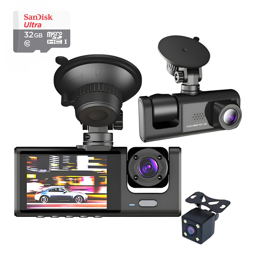 Câmera Veicular Dashcam Tripla Full Hd + Cartão 32gb - Uber 99 Taxi