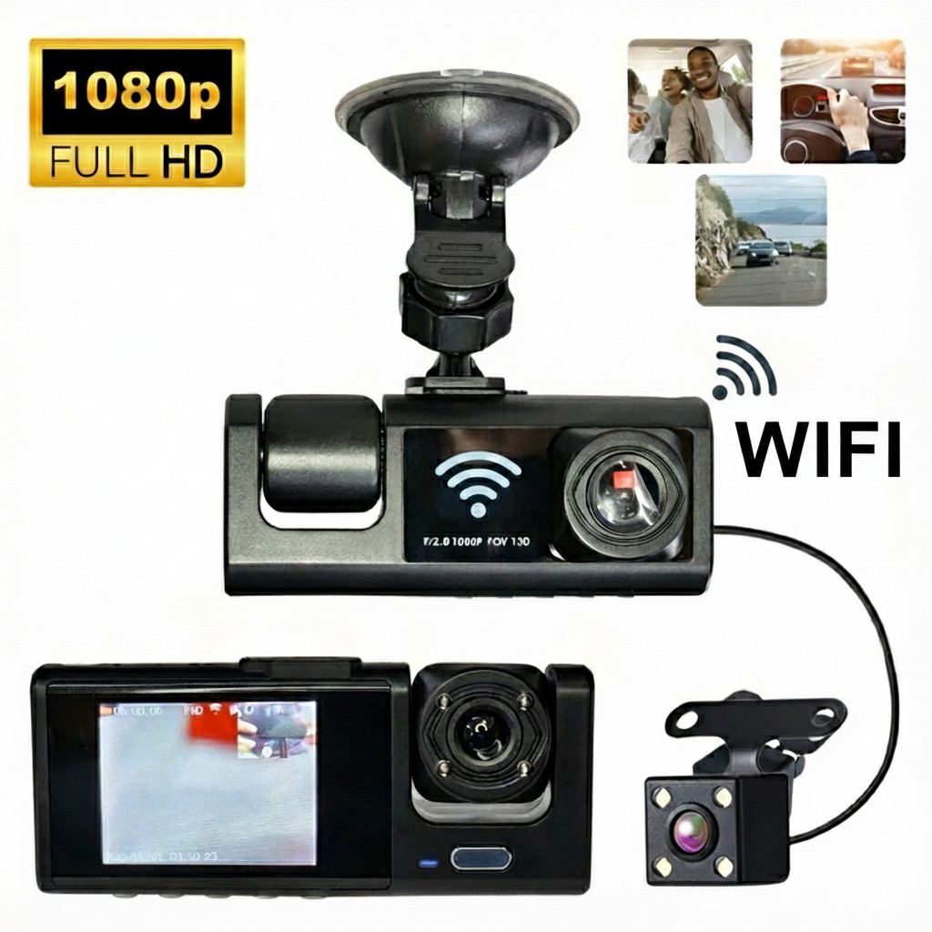 Câmera Veicular WIFI Tripla Dashcam Full Hd - Ideal Uber 99 Taxi WIFI