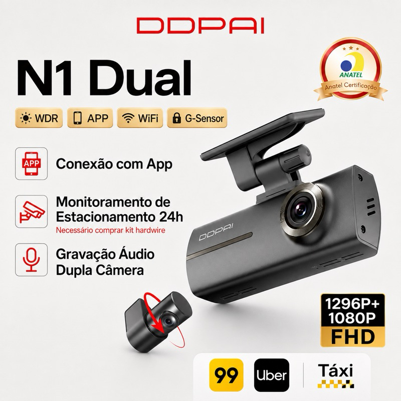 Câmera Veicular DDPAI N1 Dual 1296P+1080P Uber taxi seguranca