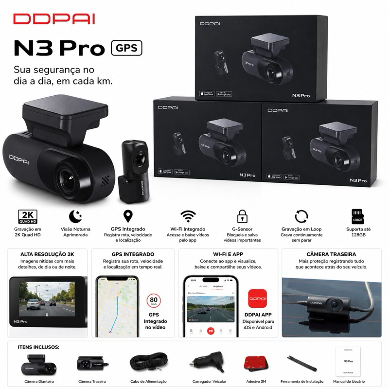 Câmera Veicular DDPAI N3 Pro GPS Uber Taxi Proteçao para vc Motorista Visão Noturna