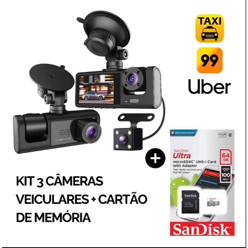 3 Câmera Automotiva Veicular Carro Hd Noturna + Cartão Memoria 64gb – Uber Taxi 99