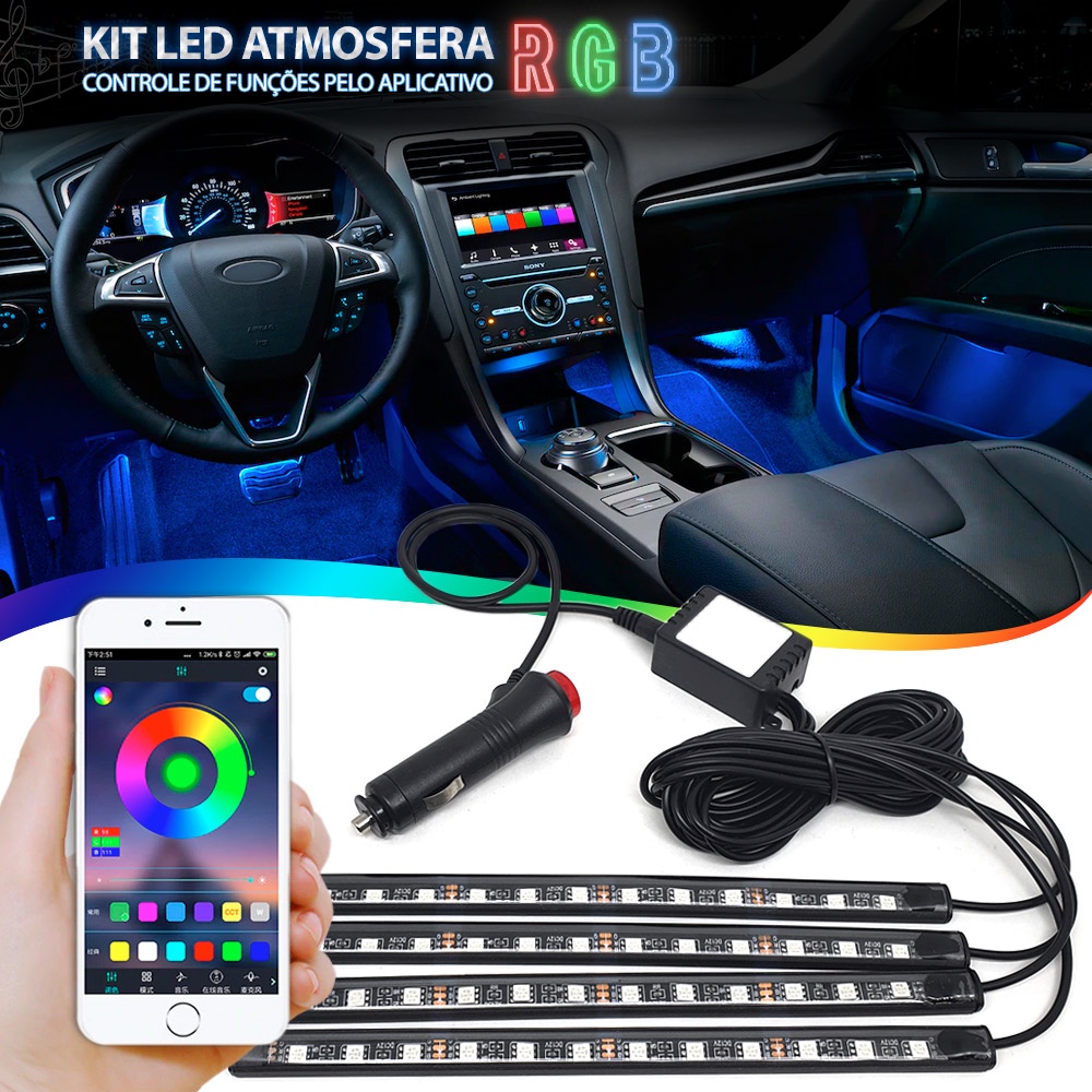 Barra Led Neon RGB Interno Citroen C4 Hatch 2009 2010 2011 2012 2013 2014 Luz Interna Controle Por App Aplicativo Tunning Automotivo Carro Barato