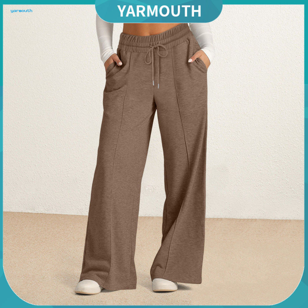 Comfortable Loose Fit Pants Women Women’s High Waist Wide Leg with Adjustable Drawstring Elastic Pockets – Solid Col